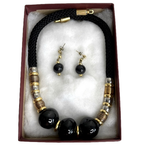 VINTAGE Set Mob Wife aesthetic Chocker & Earrings Black Gold Bead